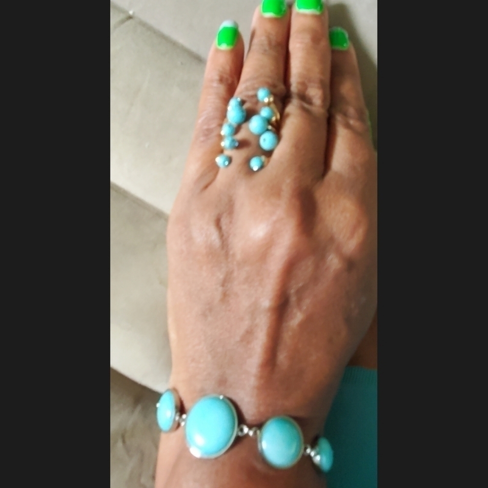 Blue Howlite Mother of Pearl Stainless Steel Bracelet Ring